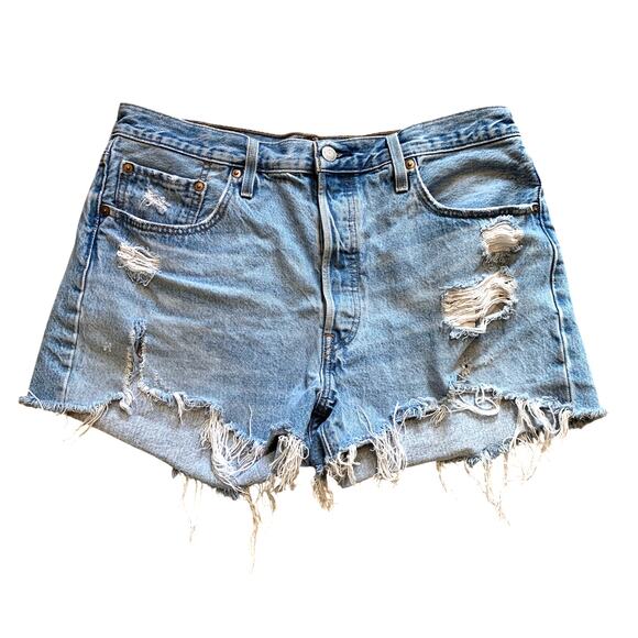 Levi's Light Wash Distressed 501 Button Fly High Waisted Cutoff Shorts - Picture 1 of 4